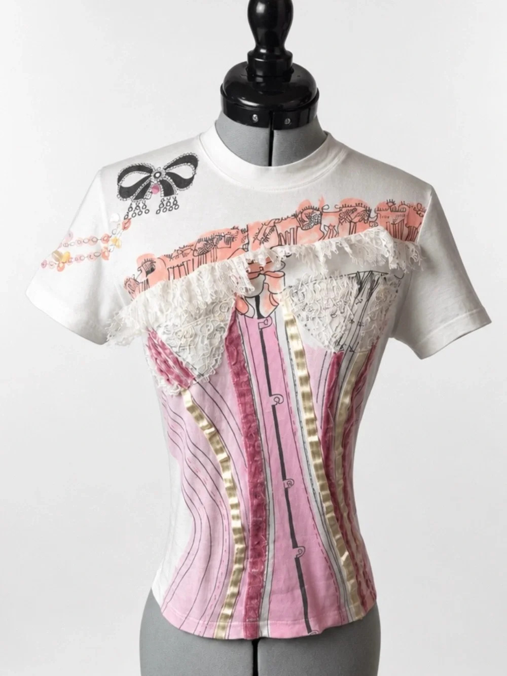 DIOR VTG Galliano ‘02 Corset Tee, white w/pink velvet ribbons&lace, M, EUC🎀 - Picture 1 of 15